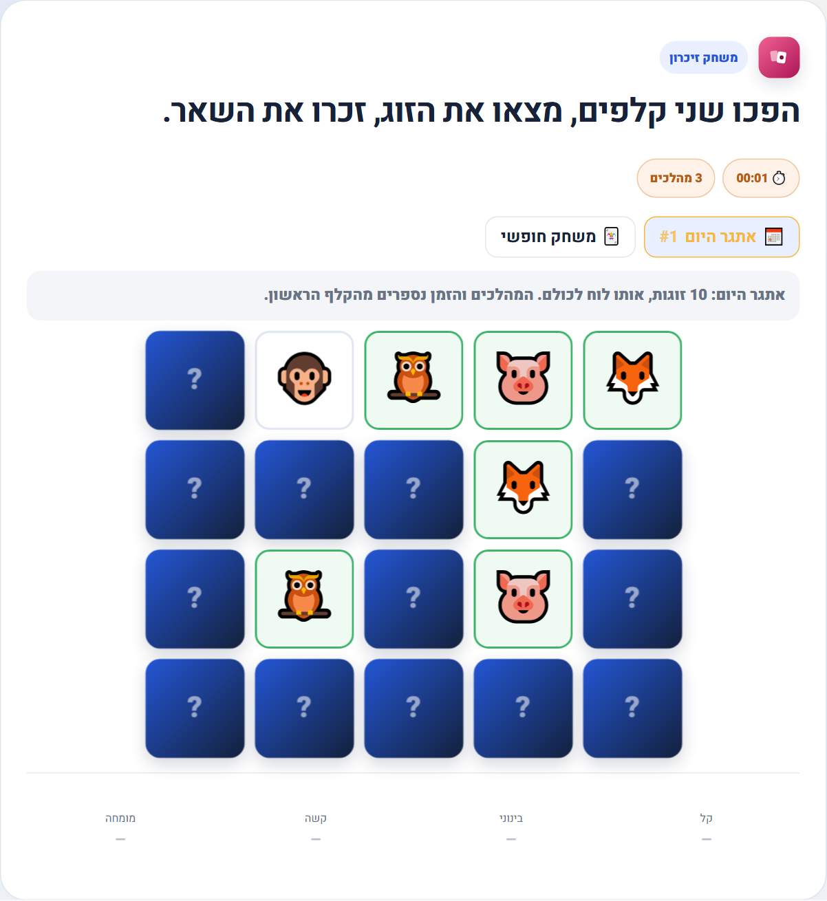 לוח משחק זיכרון עם קלפים פתוחים ומותאמים